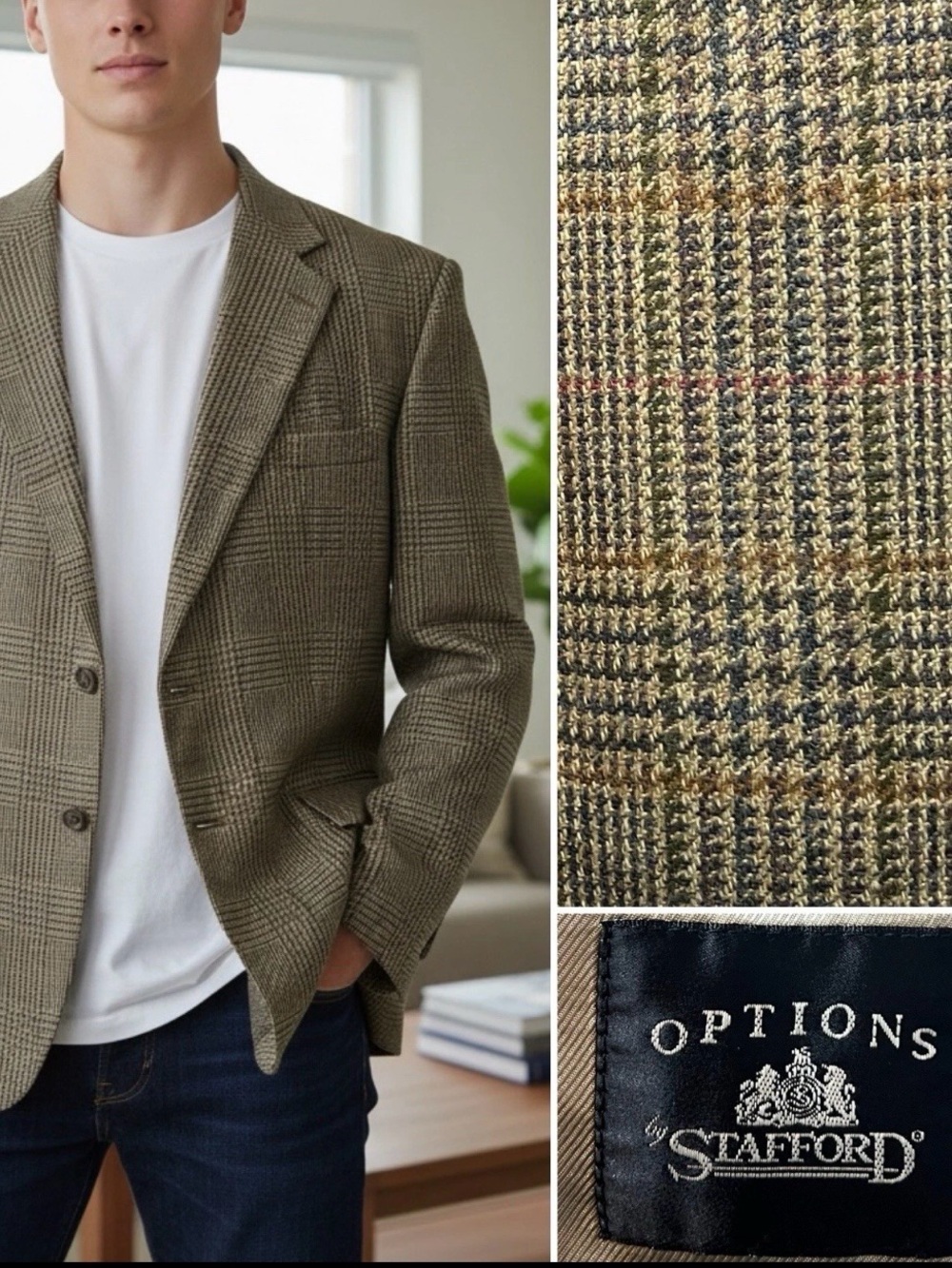 Vintage Stafford Options Men’s 42 L Tan Plaid Wool Blazer Jacket Sport Coat Fall